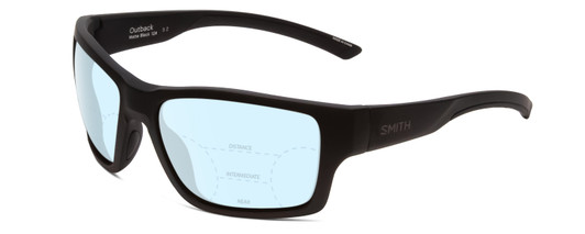 Profile View of Smith Optics Outback Designer Progressive Lens Blue Light Blocking Eyeglasses in Matte Black Unisex Square Full Rim Acetate 59 mm with Blue Light Zone functionality illustration laid over the lens