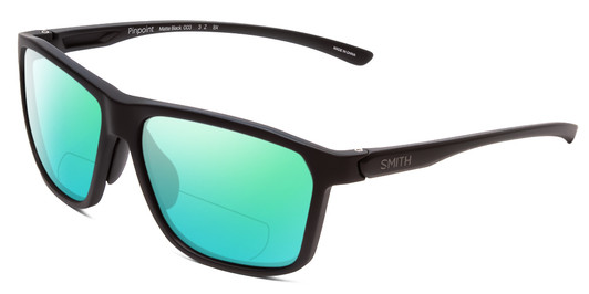 Profile View of Smith Optics Pinpoint Designer Polarized Reading Sunglasses with Custom Cut Powered Green Mirror Lenses in Matte Black Unisex Square Full Rim Acetate 59 mm