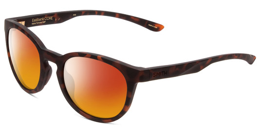 Profile View of Smith Optics Eastbank Designer Polarized Sunglasses with Custom Cut Red Mirror Lenses in Matte Tortoise Havana Brown Gold Unisex Round Full Rim Acetate 52 mm