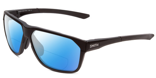 Profile View of Smith Optics Leadout Designer Polarized Reading Sunglasses with Custom Cut Powered Blue Mirror Lenses in Matte Black Unisex Square Full Rim Acetate 63 mm
