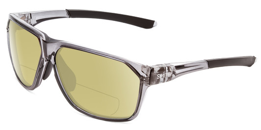 Profile View of Smith Optics Leadout Designer Polarized Reading Sunglasses with Custom Cut Powered Sun Flower Yellow Lenses in Cement Crystal Grey Unisex Square Full Rim Acetate 63 mm
