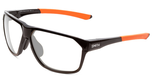 Profile View of Smith Optics Leadout Designer Progressive Lens Blue Light Blocking Eyeglasses in Matte Black Cinder Orange Unisex Square Full Rim Acetate 63 mm with Blue Light Zone functionality illustration laid over the lens