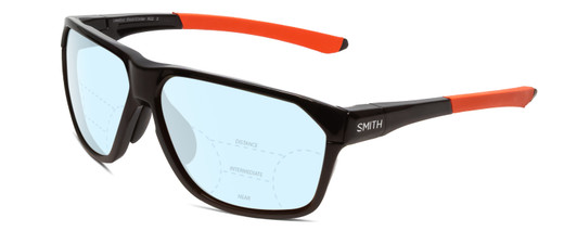 Profile View of Smith Optics Leadout Designer Progressive Lens Blue Light Blocking Eyeglasses in Matte Black Cinder Orange Unisex Square Full Rim Acetate 63 mm with Blue Light Zone functionality illustration laid over the lens