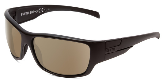 Profile View of Smith Optics Frontman Designer Polarized Sunglasses with Custom Cut Amber Brown Lenses in Black Unisex Wrap Full Rim Acetate 42 mm
