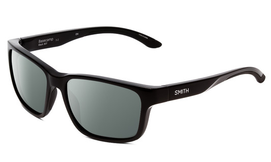 Profile View of Smith Optics Basecamp Designer Polarized Sunglasses with Custom Cut Smoke Grey Lenses in Gloss Black Unisex Square Full Rim Acetate 58 mm