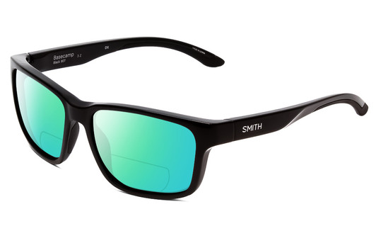 Profile View of Smith Optics Basecamp Designer Polarized Reading Sunglasses with Custom Cut Powered Green Mirror Lenses in Gloss Black Unisex Square Full Rim Acetate 58 mm