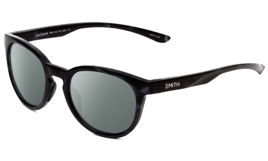 Profile View of Smith Optics Eastbank Designer Polarized Sunglasses with Custom Cut Smoke Grey Lenses in Black Ice Tortoise Marble Unisex Round Full Rim Acetate 52 mm
