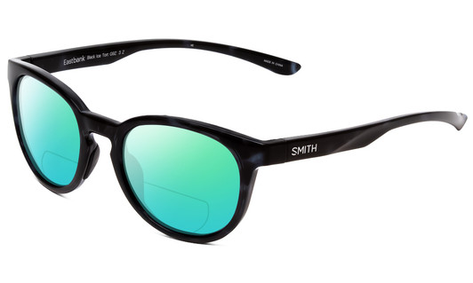 Profile View of Smith Optics Eastbank Designer Polarized Reading Sunglasses with Custom Cut Powered Green Mirror Lenses in Black Ice Tortoise Marble Unisex Round Full Rim Acetate 52 mm