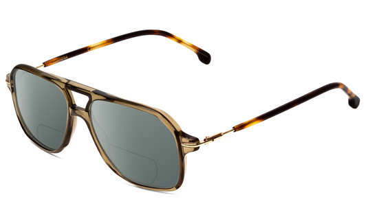 Profile View of Carrera 239-4C3 Designer Polarized Reading Sunglasses with Custom Cut Powered Smoke Grey Lenses in Olive Green Crystal Unisex Aviator Full Rim Acetate 54 mm