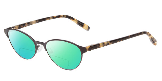 Profile View of Jones New York J137 Designer Polarized Reading Sunglasses with Custom Cut Powered Green Mirror Lenses in Black & Tokyo Tortoise Havana Brown Gold Unisex Oval Full Rim Metal 49 mm