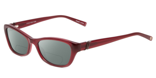 Profile View of Jones New York J226 Designer Polarized Reading Sunglasses with Custom Cut Powered Smoke Grey Lenses in Burgundy Crystal Red Unisex Cateye Full Rim Acetate 50 mm