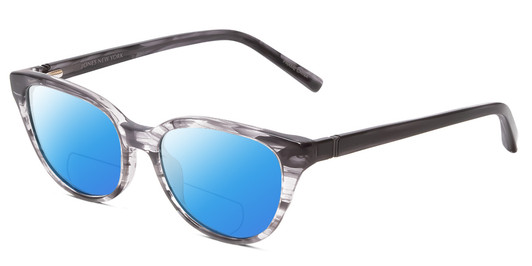 Profile View of Jones New York J760 Designer Polarized Reading Sunglasses with Custom Cut Powered Blue Mirror Lenses in Grey Marble Horn Unisex Cateye Full Rim Acetate 53 mm