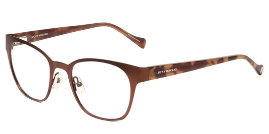 Profile View of Lucky Brand D106 Designer Reading Eye Glasses with Custom Cut Powered Lenses in Brown Satin Tortoise Havana Brown Gold Ladies Classic Full Rim Metal 49 mm