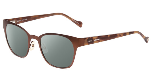 Profile View of Lucky Brand D106 Designer Polarized Sunglasses with Custom Cut Smoke Grey Lenses in Brown Satin Tortoise Havana Brown Gold Ladies Classic Full Rim Metal 49 mm