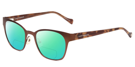 Profile View of Lucky Brand D106 Designer Polarized Reading Sunglasses with Custom Cut Powered Green Mirror Lenses in Brown Satin Tortoise Havana Brown Gold Ladies Classic Full Rim Metal 49 mm