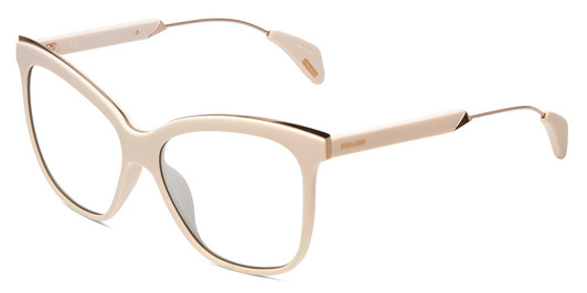 Profile View of Police SPL621 Affair-2 Designer Progressive Lens Blue Light Blocking Eyeglasses in Ivory White Unisex Cateye Full Rim Acetate 56 mm with Blue Light Zone functionality illustration laid over the lens