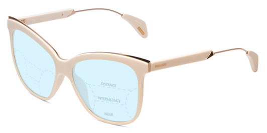 Profile View of Police SPL621 Affair-2 Designer Progressive Lens Blue Light Blocking Eyeglasses in Ivory White Unisex Cateye Full Rim Acetate 56 mm with Blue Light Zone functionality illustration laid over the lens