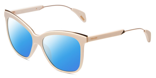 Profile View of Police SPL621 Affair-2 Designer Polarized Sunglasses with Custom Cut Blue Mirror Lenses in Ivory White Unisex Cateye Full Rim Acetate 56 mm