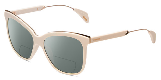 Profile View of Police SPL621 Affair-2 Designer Polarized Reading Sunglasses with Custom Cut Powered Smoke Grey Lenses in Ivory White Unisex Cateye Full Rim Acetate 56 mm
