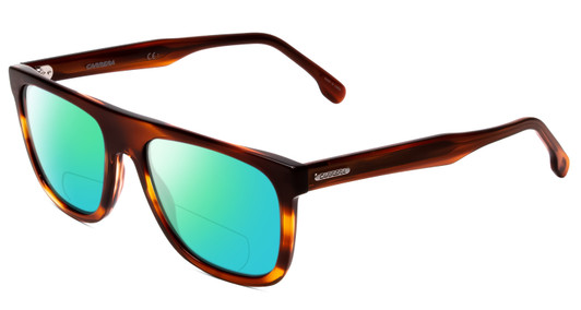 Profile View of Carrera Browline Designer Polarized Reading Sunglasses with Custom Cut Powered Green Mirror Lenses in Red Horn Marble Brown Yellow Unisex Classic Full Rim Acetate 56 mm