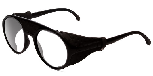 Profile View of Carrera Hyperfit Designer Blue Light Blocking Eyeglasses in Black Gray Leather Side Shield Unisex Square Full Rim Acetate 54 mm