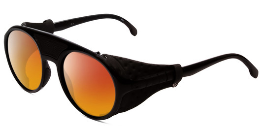 Profile View of Carrera Hyperfit Designer Polarized Sunglasses with Custom Cut Red Mirror Lenses in Black Gray Leather Side Shield Unisex Square Full Rim Acetate 54 mm