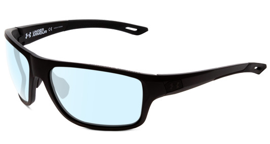 Profile View of Under Armour Battle Designer Blue Light Blocking Eyeglasses in Matte Black Mens Wrap Full Rim Acetate 65 mm