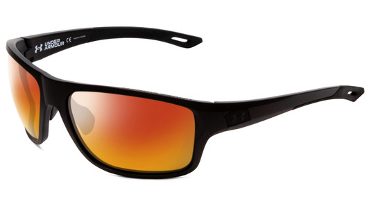 Profile View of Under Armour Battle Designer Polarized Sunglasses with Custom Cut Red Mirror Lenses in Matte Black Mens Wrap Full Rim Acetate 65 mm