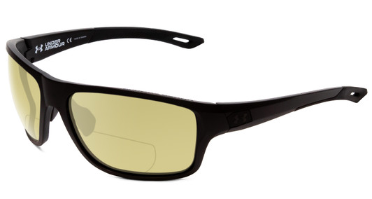 Profile View of Under Armour Battle Designer Polarized Reading Sunglasses with Custom Cut Powered Sun Flower Yellow Lenses in Matte Black Mens Wrap Full Rim Acetate 65 mm