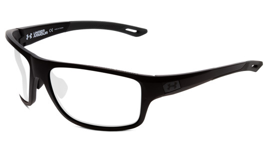 Profile View of Under Armour Battle Designer Blue Light Blocking Eyeglasses in Matte Black Mens Wrap Full Rim Acetate 65 mm