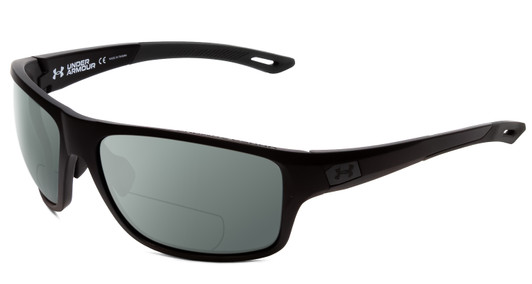 Profile View of Under Armour Battle Designer Polarized Reading Sunglasses with Custom Cut Powered Smoke Grey Lenses in Matte Black Mens Wrap Full Rim Acetate 65 mm