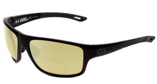 Profile View of Under Armour Battle Designer Polarized Reading Sunglasses with Custom Cut Powered Sun Flower Yellow Lenses in Matte Black Mens Wrap Full Rim Acetate 65 mm
