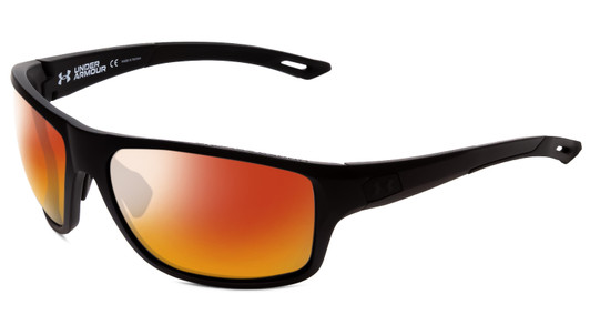 Profile View of Under Armour Battle Designer Polarized Sunglasses with Custom Cut Red Mirror Lenses in Matte Black Mens Wrap Full Rim Acetate 65 mm