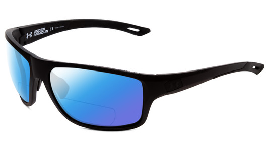 Profile View of Under Armour Battle Designer Polarized Reading Sunglasses with Custom Cut Powered Blue Mirror Lenses in Matte Black Mens Wrap Full Rim Acetate 65 mm