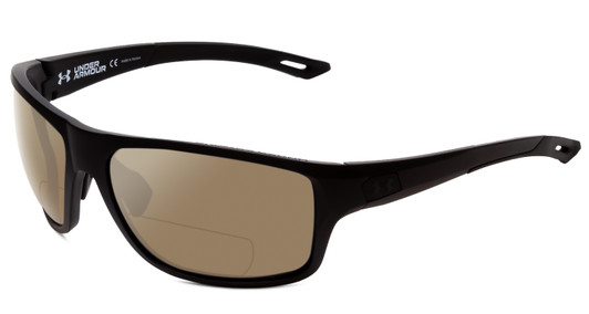 Profile View of Under Armour Battle Designer Polarized Reading Sunglasses with Custom Cut Powered Amber Brown Lenses in Matte Black Mens Wrap Full Rim Acetate 65 mm