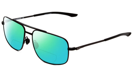 Profile View of Under Armour Impulse Designer Polarized Reading Sunglasses with Custom Cut Powered Green Mirror Lenses in Matte Black Unisex Square Full Rim Metal 59 mm
