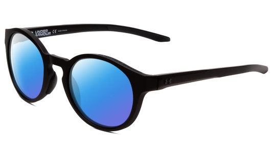 Profile View of Under Armour Infinity Designer Polarized Sunglasses with Custom Cut Blue Mirror Lenses in Matte Black Unisex Round Full Rim Acetate 52 mm