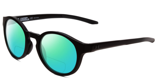 Profile View of Under Armour Infinity Designer Polarized Reading Sunglasses with Custom Cut Powered Green Mirror Lenses in Matte Black Unisex Round Full Rim Acetate 52 mm