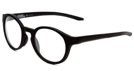 Profile View of Under Armour Infinity Designer Progressive Lens Blue Light Blocking Eyeglasses in Matte Black Unisex Round Full Rim Acetate 52 mm with Blue Light Zone functionality illustration laid over the lens