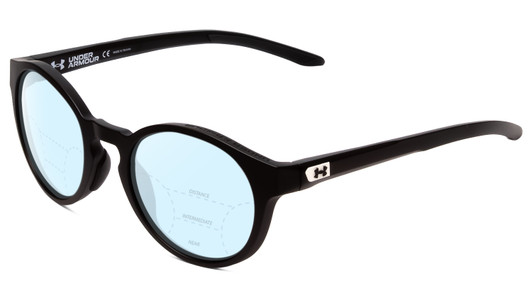 Profile View of Under Armour Infinity Designer Progressive Lens Blue Light Blocking Eyeglasses in Matte Black Unisex Round Full Rim Acetate 52 mm with Blue Light Zone functionality illustration laid over the lens