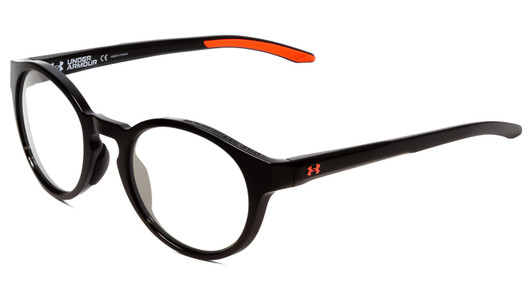 Profile View of Under Armour Infinity Designer Single Vision Prescription Rx Eyeglasses in Gloss Black Coral Pink Unisex Round Full Rim Acetate 52 mm