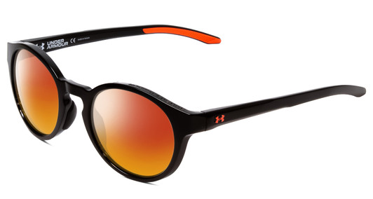 Profile View of Under Armour Infinity Designer Polarized Sunglasses with Custom Cut Red Mirror Lenses in Gloss Black Coral Pink Unisex Round Full Rim Acetate 52 mm