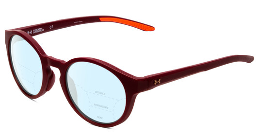 Profile View of Under Armour Infinity Designer Progressive Lens Blue Light Blocking Eyeglasses in Burgundy Red Unisex Round Full Rim Acetate 52 mm with Blue Light Zone functionality illustration laid over the lens