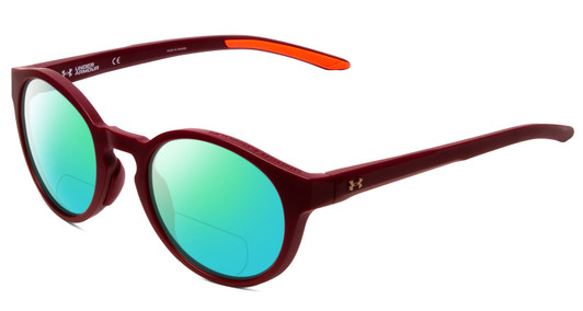 Profile View of Under Armour Infinity Designer Polarized Reading Sunglasses with Custom Cut Powered Green Mirror Lenses in Burgundy Red Unisex Round Full Rim Acetate 52 mm