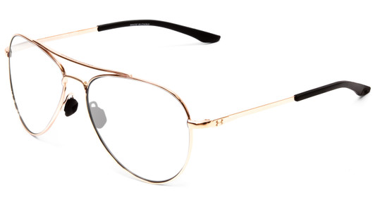 Profile View of Under Armour Instinct Designer Progressive Lens Blue Light Blocking Eyeglasses in Rose Gold Unisex Aviator Full Rim Metal 57 mm with Blue Light Zone functionality illustration laid over the lens