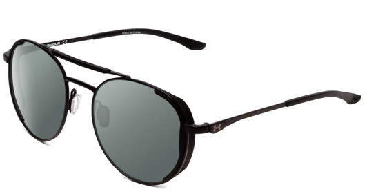 Profile View of Under Armour Instinct Pursuit Designer Polarized Sunglasses with Custom Cut Smoke Grey Lenses in Matte Black Unisex Round Full Rim Metal 55 mm