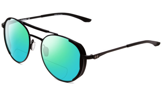 Profile View of Under Armour Instinct Pursuit Designer Polarized Reading Sunglasses with Custom Cut Powered Green Mirror Lenses in Matte Black Unisex Round Full Rim Metal 55 mm