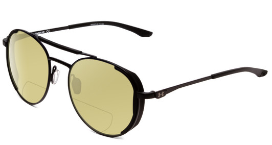 Profile View of Under Armour Instinct Pursuit Designer Polarized Reading Sunglasses with Custom Cut Powered Sun Flower Yellow Lenses in Matte Black Unisex Round Full Rim Metal 55 mm