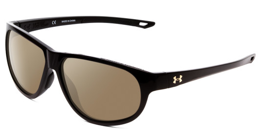 Profile View of Under Armour Intensity Designer Polarized Sunglasses with Custom Cut Amber Brown Lenses in Gloss Black Ladies Oval Full Rim Acetate 59 mm