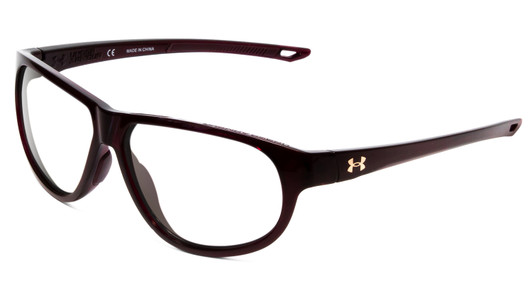 Profile View of Under Armour Intensity Designer Reading Eye Glasses with Custom Cut Powered Lenses in Red Crystal Ladies Oval Full Rim Acetate 59 mm